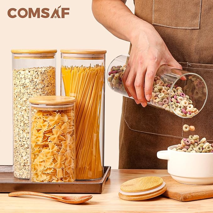ComSaf Set of 9 Glass Storage Containers with Lids, Glass Jars with Bamboo Lids, Clear Food Storage Jar, Round Glass Canister, Pantry Organizers and Storage for Pasta Flour Rice Coffee Bean