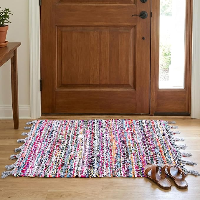 Cotton Diamond Chindi Rug 2x3 Feet - Multi, Bohemian Hand Woven Soft Recycled Decorative Floor Rag Rugs Ideal for Entryway, Kitchen, Nursay Room | Small Durable Colorful Door Mat for Home Décor