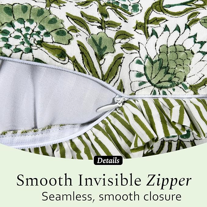 CPC Block Print Ruffle Throw Cover Agate Green 20"x20" Inch Pack of 2-100% Cotton Ruffle Couch Decorative Boho Pillows Case for Living Room, Bedroom, Sofa, Farmhouse Gift for Spring, Mother's Day