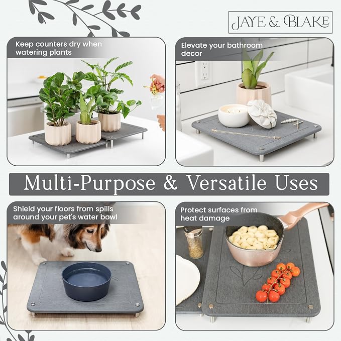 2 PCs Nesting Stone Dish Drying Mats for Kitchen Counter - Absorbent Quick Drying Diatomaceous Earth Stone Drying Mat with Non-Slip Feet - Heat Resistant & Odorless Dish Drying Stone Mat - Dark Gray