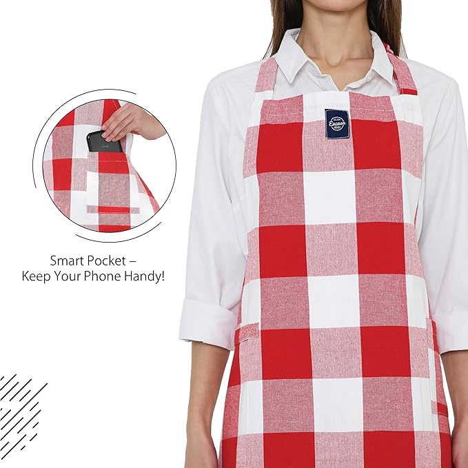 Encasa XO Cotton Kitchen Aprons for Women & Men with Pocket & Towel Loop, Adjustable Neck & Back Strap for Cooking, Baking