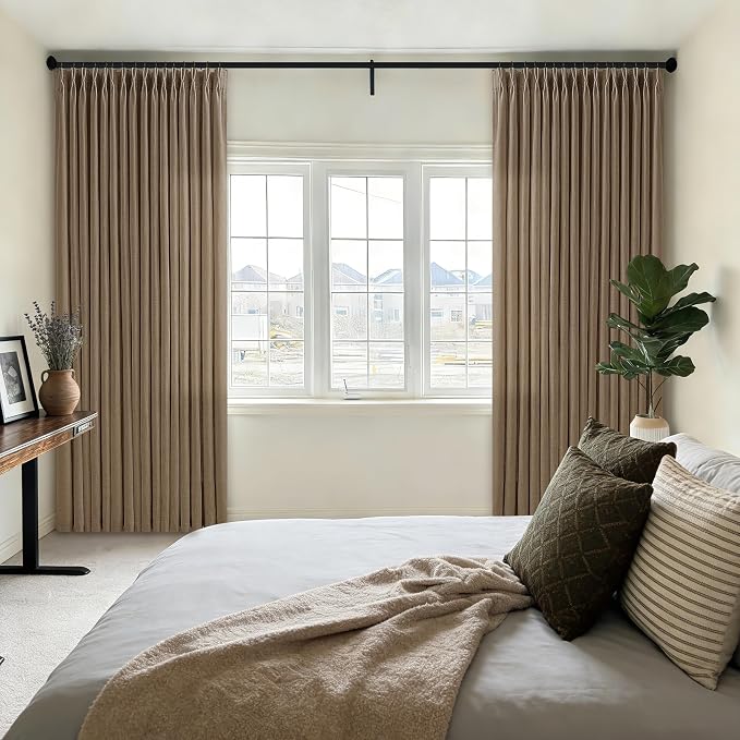 Brown Pinch Pleated Linen Curtains 126 Inches Long 2 Panels for Living Room Bedroom Farmhouse Semi Sheer Pleat Drapes Privacy Light Filtering with Hooks Rings Extra Long Window Curtain Dutch Cocoa