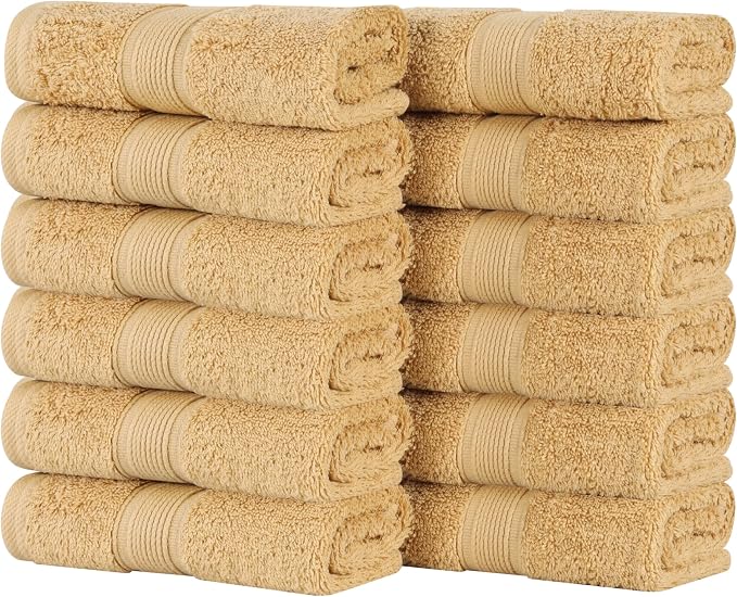 Superior 100% Organic Cotton Face Towel/Washcloth Set of 12, Daily Use for Bathroom, Guest Bath, Quick Dry Small Towels, Face, Hand, Gym, Spa, Hotel, Absorbent, Essentials, Oregon Collection, Gold