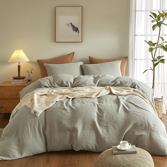 SE SOFTEXLY Muslin Duvet Cover Oversized King Size, 100% Washed Cotton Duvet Cover Set, Ultra Soft Comforter Cover Linen Like, 3 Pieces Gauze Duvet Cover with 2 Pillowcases, 98"x120", Smoky-Green