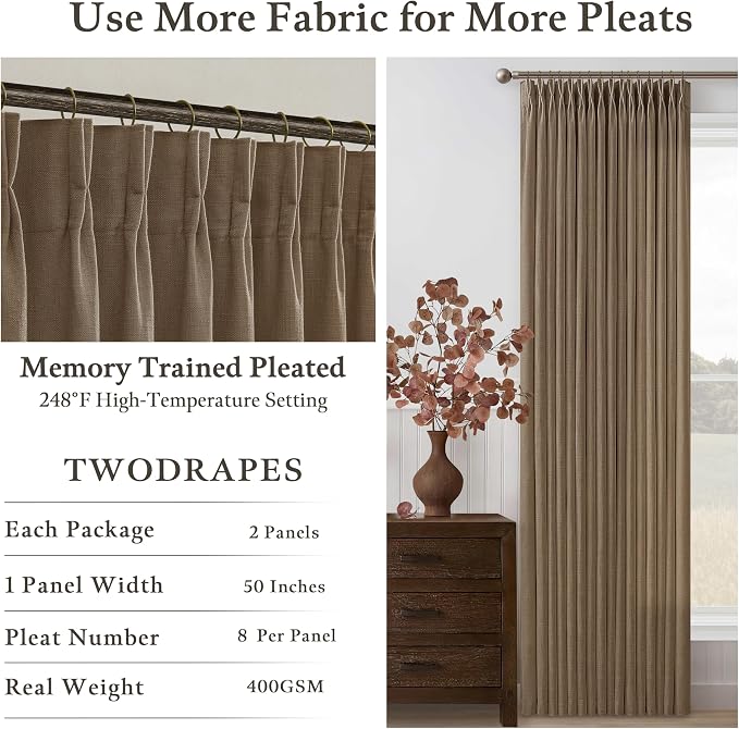 Dutch Cocoa Pleated Thick Linen Curtains for Living Room Bedroom 102 Inches Long Semi Sheer Boho Country Privacy Linen Blend Back Tab Window Curtain Brown Dining Room Drapes 102 Inch 2 Panels