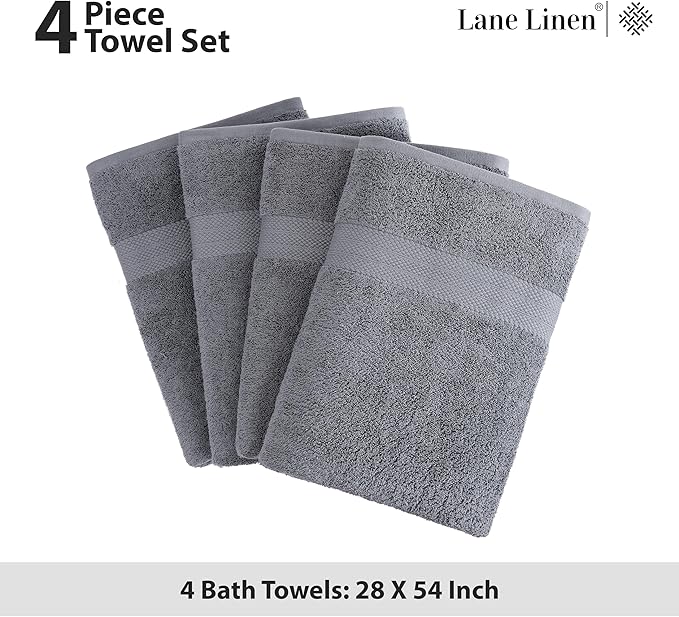 LANE LINEN 4 Pack Bath Towels Set (28"x54") - 100% Ring Spun Cotton, Large Turkish Towels for Bathroom - Durable, Quick Dry, Soft & Absorbent Bath Towel Set - Gets Softer After Each Wash - Cool Grey
