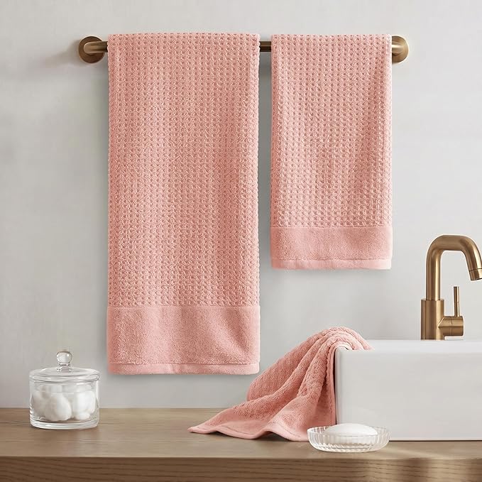 Madison Park Spa Waffle 100% Cotton Luxurious Towel Set, Premium Texture Waffle Weave, Highly Absorbent, Quick Dry, Hotel & Spa Quality Wash Clothes for Bathroom, Assorted Sizes, Pink 6 Piece
