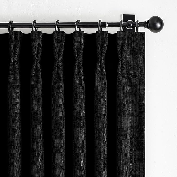 Pleat Linen Blend 100% Blackout Curtains for Bedroom 84 Inches Long 2 Panels Set, Pinch Pleated Black Out Aesthetic Curtain 7 FT Length Double Layer Insulated Thermal Office Drapes with Metal Rings