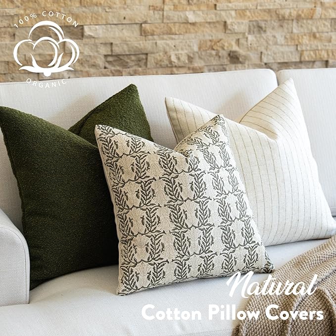 FIOUOVO Floral Throw Pillow Covers 20x20 Set of 2 Block Print Cushion Covers Farmhouse Neutral Accent Decorative Pillow Covers Home Decor for Sofa Couch Living Room Bedroom, Olive Green