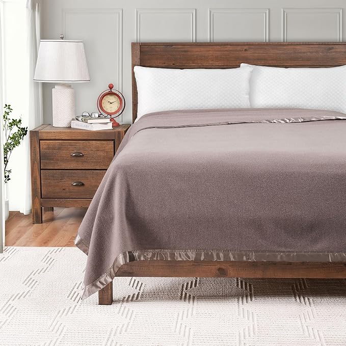 Creswick Woollen Mills 100% Australian Merino Wool Blanket – Soft Warm and Natural with Satin Binding, Breathable Luxury Bedding for All Seasons, (Flax, Full/Queen Size)