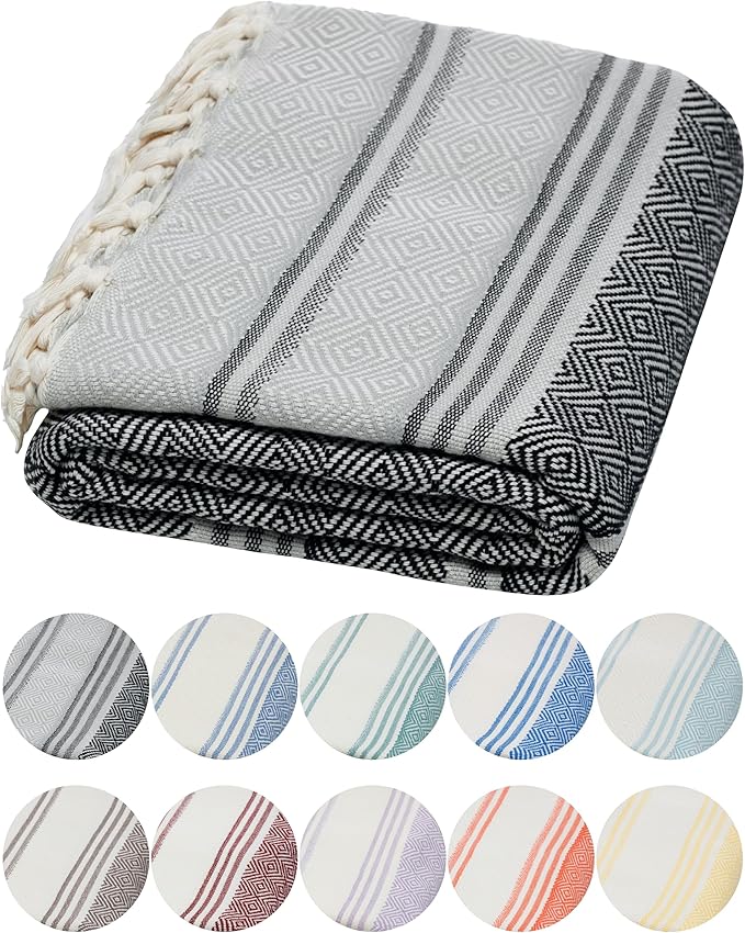 DEMMEX Organic Diamond Turkish Bath & Beach Towel | 100% Oeko-TEX Certified Cotton, Ultra-Soft, Quick-Dry, Lightweight, Compact & Oversized Luxury Peshtemal Towel, Prewashed, 71"x36", Black Gray