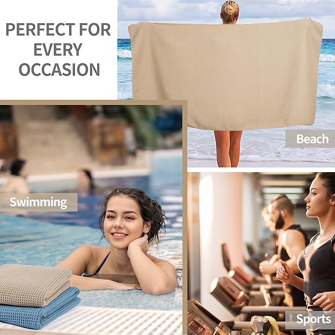 MICROFI New Microfiber Waffle Bath Towels, 2 Pieces, Soft, Absorbent, Fast Drying, Lint Free 430 GSM (Beige+Blue)