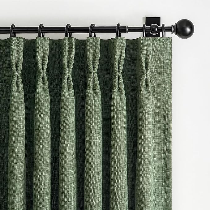 Olive Green Pinch Pleated Dual Layer Linen Curtains 40 x 84 Inches Long for Bedroom, Full Blackout Memory Trained Soundproof Heat Blocking Loden Farmhouse Windows Drapes for Dining Room 7 FT Length