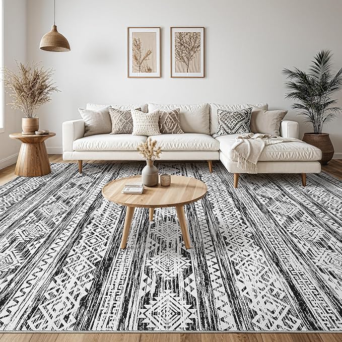 Tortania Area Rug Living Room Rugs - 8x11 Washable Large Soft Neutral Boho Moroccan Bohemian Farmhouse Rug Indoor Floor Carpet for Bedroom Under Dining Table Home Office Decor - Black White