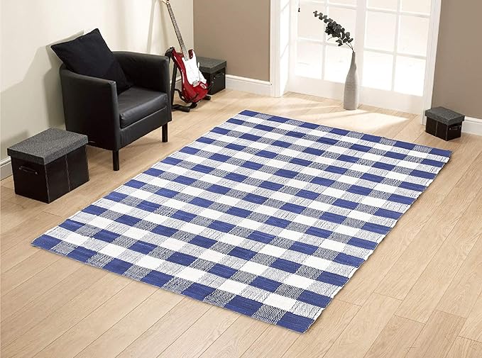 GLAMBURG Cotton Reversible Area Rug 3' x 5' Farmhouse Floor Mat, Handwoven Washable Carpet Checkered Plaid Rug for Front Porch Living Room Kitchen Bedroom - Blue White