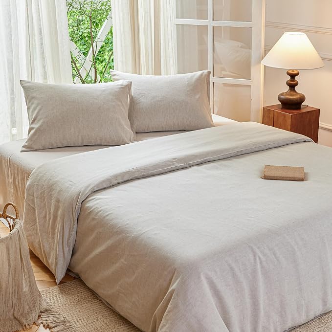 Simple&Opulence Linen Duvet Cover Set Queen Size - French Linen Cotton Woven Blend in Natural Beige, 3 Pieces (1 Comforter Cover 88x92” + 2 Pillowcases), Soft & Breathable All-Season Farmhouse Bedding