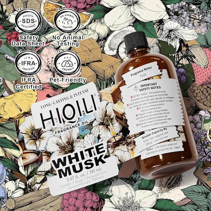 HIQILI White Musk Fragrance Oil, Musk Perfume for Women - 5.07 Fl Oz | for Candle & Soap Making Supplies and Perfect for Home, Car Diffuser Use, Add to Pillow Scented Spray - 150 ML