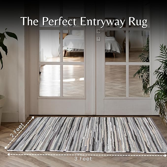Cotton Hand Woven Chindi Rug 2x3 Feet - Charcoal, Farmhouse Stripe Reversible Throw Indoor Decorative Carpet Ideal for Entryway, Kitchen, Kids Space | Grey Small Area Floor Rag Rugs for Patio