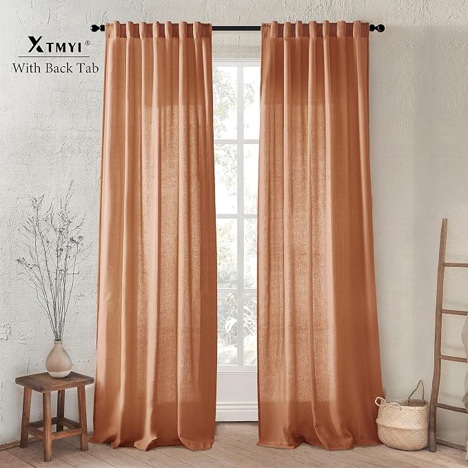 XTMYI Bohemian Rustic Curtains for Living Room Decor 2 Panel Set Linen Cotton Sheer Back Tab Hooks Pleated Fall Curtains for Bedroom Window,Pale Copper Rust Terracotta,96 Inch Long