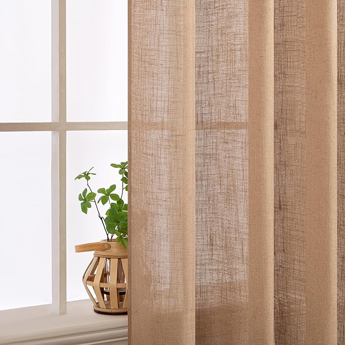 MIULEE Light Brown Short Linen Curtains 45 Inch Length 2 Panels for Kitchen Bedroom Bathroom, Soft Thick Linen Textured Basement Window Drapes Semi Sheer Light Filtering Back Tab Burlap Look Decor
