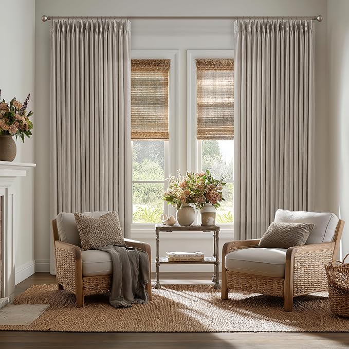 Taupe Pleated Linen Curtains 102 Inches Long for Living Room 2 Panels Set Greyish Beige Flax Pinch Pleat Drapes Back Tab Farmhouse Ceiling Floor 102 Inch Window Curtains Bedroom Burlywood Birch