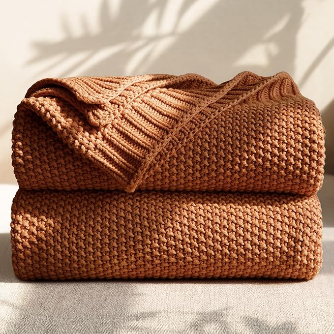 100% Cotton Cable Knit Throw Blanket, Large Lightweight Soft Knit Blanket for Sofa Couch Bed, Breathable All-Season Throw, Cozy Decorative Blanket, 60 x 80 Inch,Burnt Orange