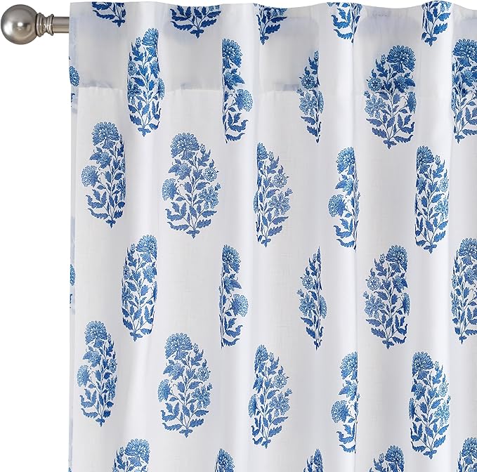 NICETOWN Blue Floral Linen Curtains 84 inches Long Pattern Printed for Girls Bedroom Nursery, Boho Farmhouse Window Sheer Curtain Drapes Aesthetic Light Filtering Privacy 2 Panel Sets, 55" W
