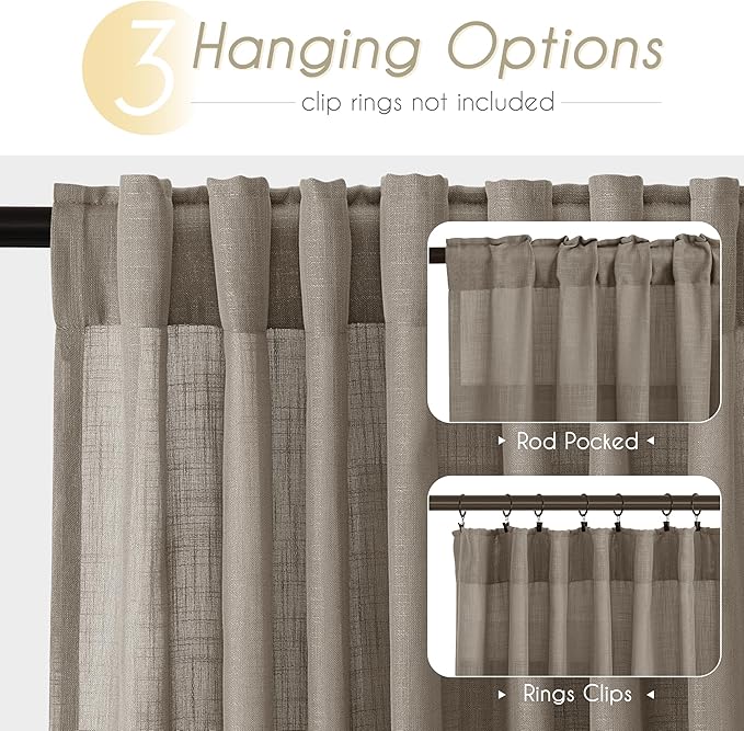 Taupe Linen Curtains 63 inches Long for Living Room Back Tab Rustic Farmhouse Semi Sheer Light Filtering Window Curtain Dining Room Soft Thick Flax Linen Textured Drapes Burlywood Birch Dark Brown