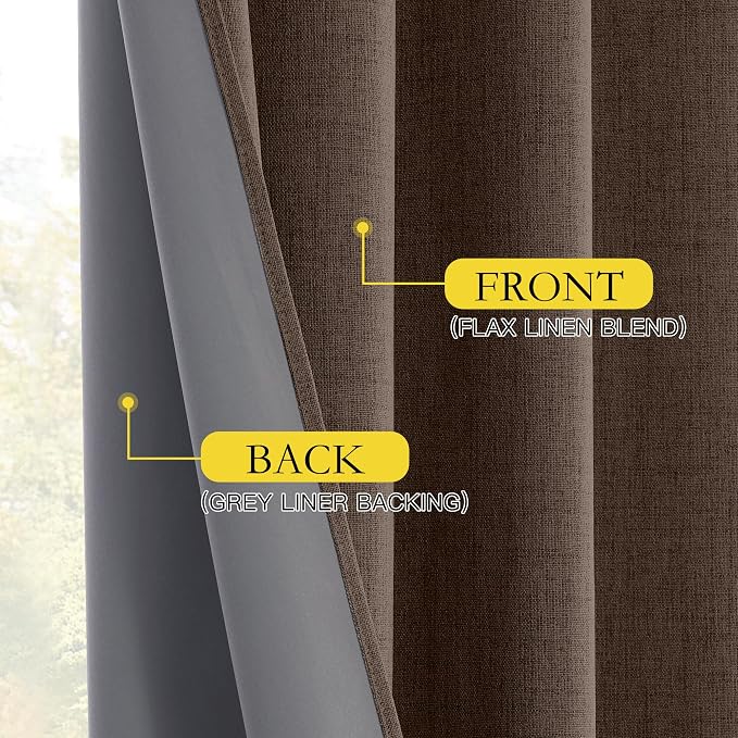 NICETOWN 100% Blackout Brown Curtains for Living Room, 52" Wide Per Panel, Set of 2, Linen Blend Thermal Insulated Curtains 84" Long, Noise Reducing Window Treatment Drapes for Home Cinema