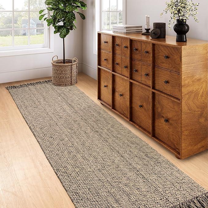Collive Long Carpet Runners for Hallways 2.6x8ft, Washable Kitchen Rug Indoor Sink Rug, Natural/Black Woven Entryway Runner Rugs Low-Profile Front Door Floor Rug for Laundry Room Bedroom Outdoor Decor