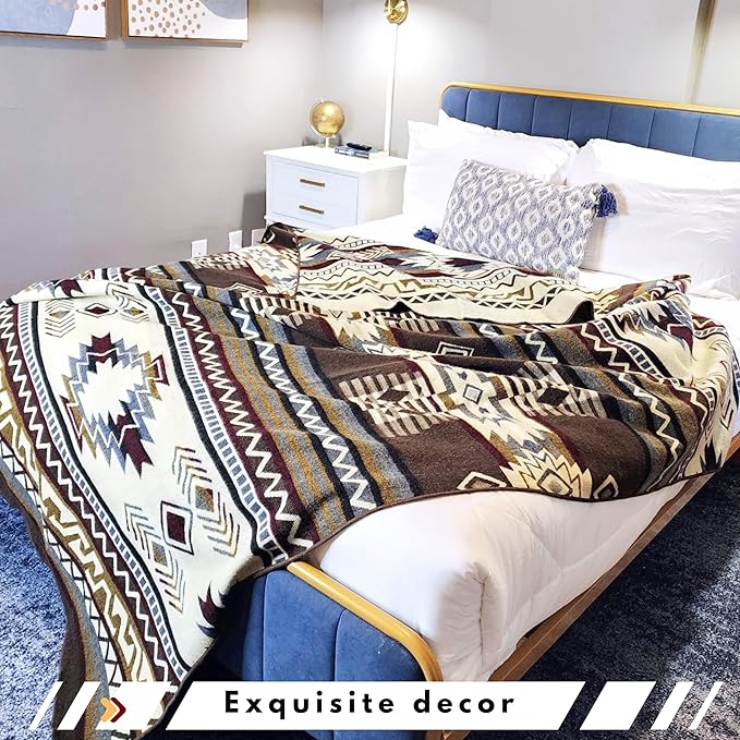 Native Pattern, Alpaca Wool Blanket XL Queen Size 93"x82", Cozy Blanket Handmade in South America (Brown)