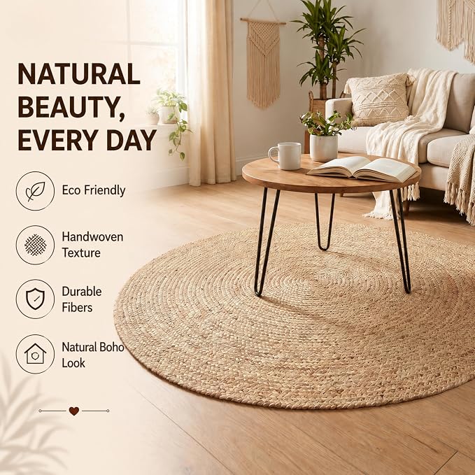 THE BEER VALLEY Jute Braided Area Rug 4 Feet Round - Natural | Reversible Handwoven Farmhouse Circle Rugs for Living Room, Bedroom, Nursery, Kitchen - Rustic Floor Mat for Porch Décor