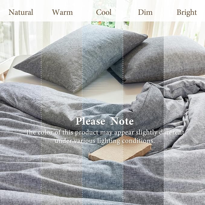 Simple&Opulence Linen Duvet Cover Set Queen Size - French Linen Cotton Woven Blend in Dark Grey, 3 Pieces (1 Comforter Cover 88x92” + 2 Pillowcases), Soft & Breathable All-Season Farmhouse Bedding