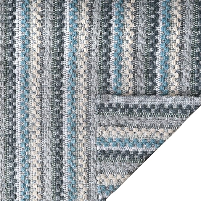 Cotton Chenille Hand Woven Area Rug 2x3 Feet - Aqua Combo, Reversible Quick Water Absorbent Accent Floor Rugs Ideal for Bathroom, Kitchen, Bedroom | Spa Blue Soft Washable Durable Mat for Home Décor