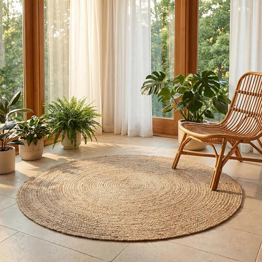 THE BEER VALLEY Jute Braided Area Rug 4 Feet Round - Natural | Reversible Handwoven Farmhouse Circle Rugs for Living Room, Bedroom, Nursery, Kitchen - Rustic Floor Mat for Porch Décor