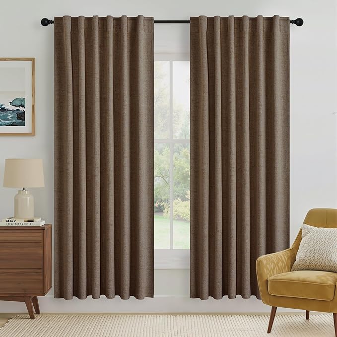 RYB HOME Brown 100% Blackout Linen Curtains 72 inch Long, Thermal Insulated & Privacy Assurd Drapes for Bedroom/Office/Nursery, Rod Pocket & Back Tab Window Treatment, W52 X L72, 2 Panels