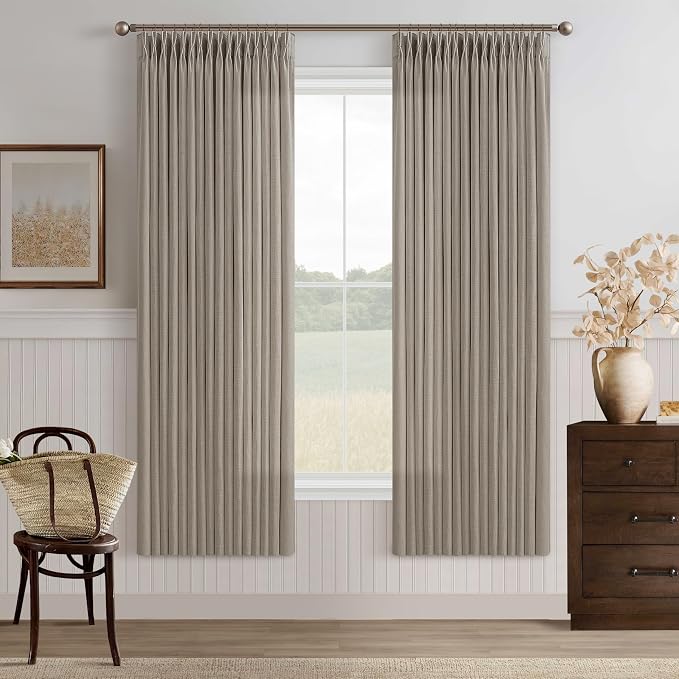 Textured Semi Sheer Burlap Curtains 72 Inches Long Neutral Country Tan Brown Flax Linen Light Filtering Pinch Pleated Curtains Back Tab for Door Cabin Closet 2 Panels Set Burlywood Birch Taupe