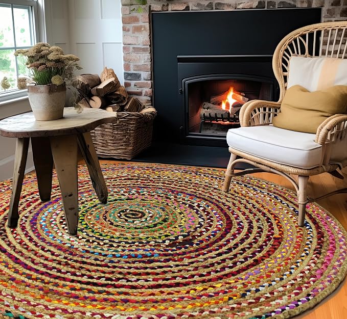 COTTON CRAFT Jute Chindi Braid Rag Rug - Boho Farmhouse Rustic Area Accent Throw Rug - Handwoven Reversible Natural Recycled Cotton - Living Room Den Study Home Décor Gift - 8 Feet Round - Multi Color