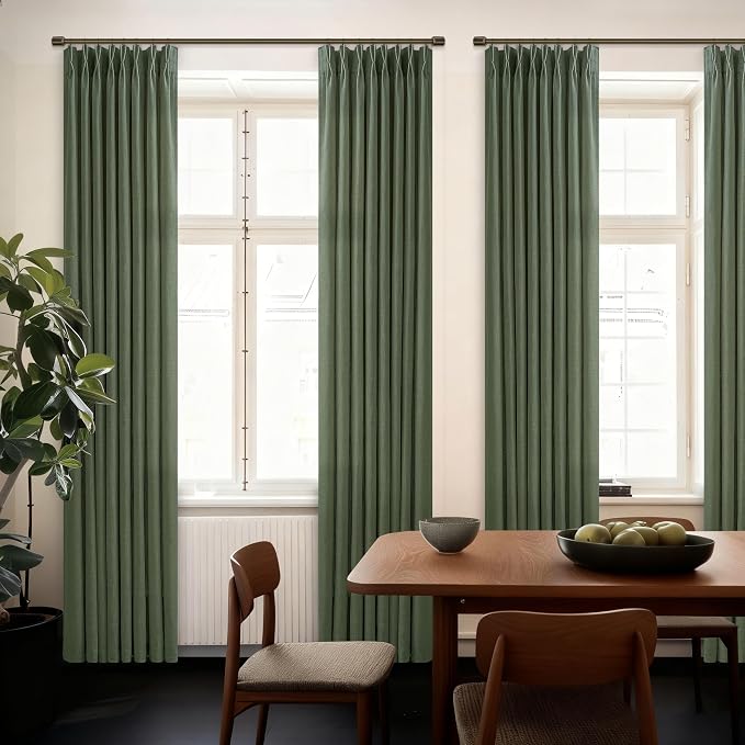 Extra Long Green Linen Curtains 120 Inches Long Boho Olive Moss Green Curtain Light Filtering Semi Sheer Back Tab Pinch Pleat Curtain for Tall Ceiling Living Room 2 Panels 50 by 120 Inch Length