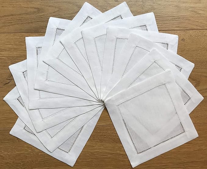 White Linen Cocktail Napkin 6"x6"-A Dozen Cloth Napkin Coasters-Ladder Hemstitch 100% Linen Beverage Party Napkin Coasters