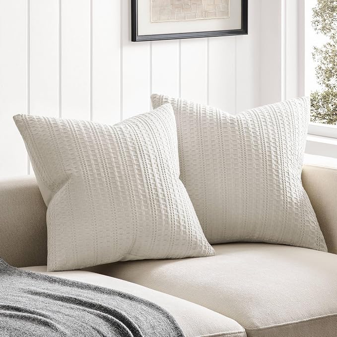 ZeeMart 100% Cotton Waffle Textured Throw Pillow Covers Set of 2, 22x22 Inch Ecru, Soft Farmhouse Decorative Couch Pillow Cases Beige Cushion Covers for Sofa Bed Living Room Home Decor