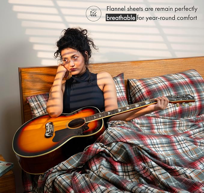 RUVANTI Flannel Sheets California King Size - 100% Cotton Double Brushed Cal King Bed Sheets Set - Deep Pockets 14 Inches - All Seasons Breathable & Extra Soft - Warm & Cozy, 4 Piece, Halloween Check