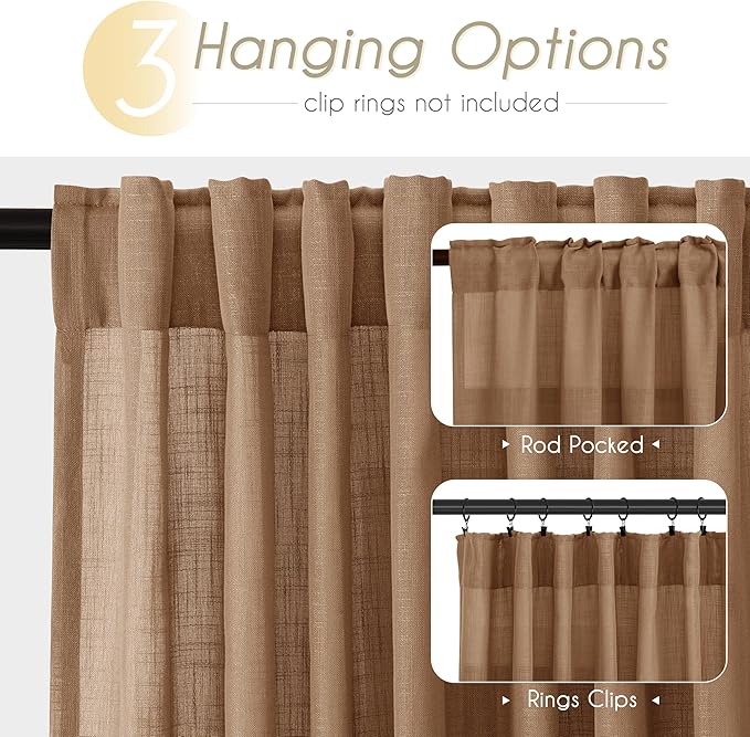 Brown Curtains for Living Room Back Tab Modern Farmhouse Semi Sheer Curtains 108 inches Long 2 Panels Set Muted Neutral Window Curtain for Dining Room Bedroom 52x108