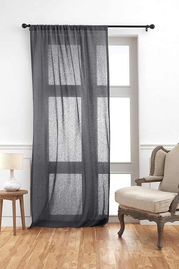 Solino Home European Flax Linen Sheer Curtain 144 Inches Long, 100% Pure Linen Charcoal 52 x 144 Inch Long Light Filtering Rod Pocket Window Curtains Panel for Living Room, Bedroom - 1 Panel