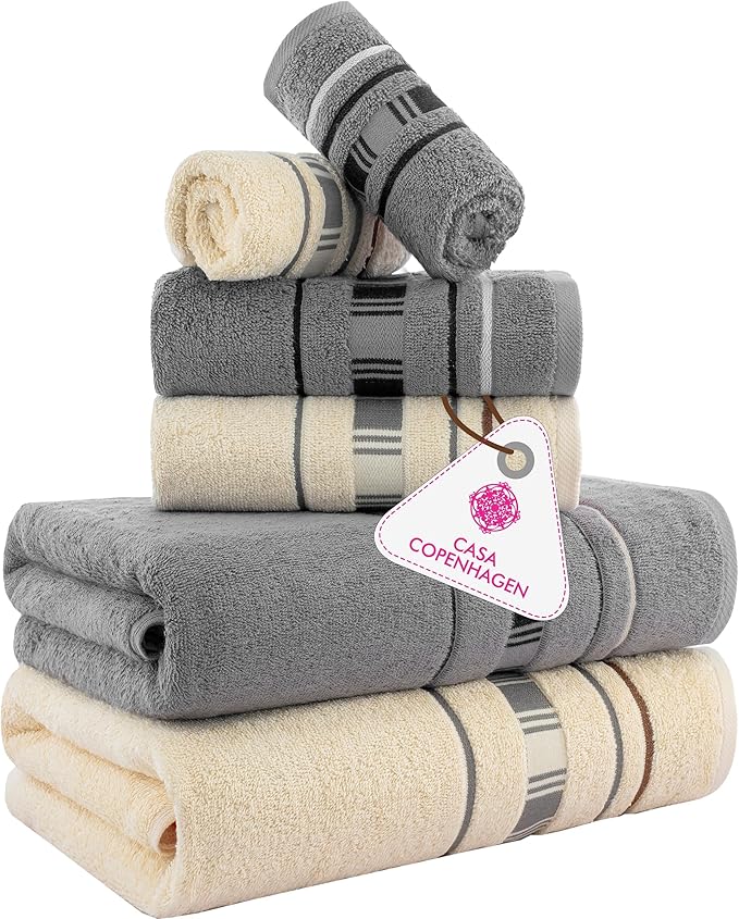 CASA COPENHAGEN X Line 6Pcs 100% Egyptian Cotton Large Designer Towels Gift Set- Silver Grey - Cream, 600 GSM, 2Bath 2Hand 2Washcloths, Bath Towels for Bathroom (Gift Set for Women & Men)