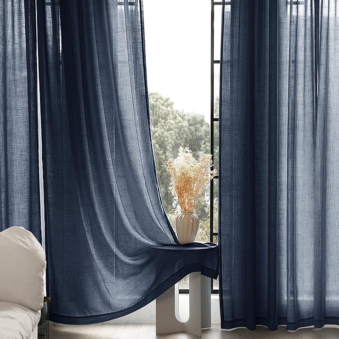 Navy Blue Curtains 63 Inch Length for Bedroom Back Tab Light Filtering Semi Sheer Living Room Curtains Linen Cotton Textured Indigo Drapery Panel Modern Farmhouse Aesthetic Decor