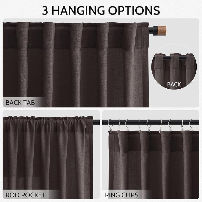 Cocoa Coffee Linen Curtains 72 Inch Long for Living Room Bedroom Lightweight Door Drapes 2 Panels Set, Semi Sheer Light Filtering Back Tab or Rod Pocket Curtain,52x72