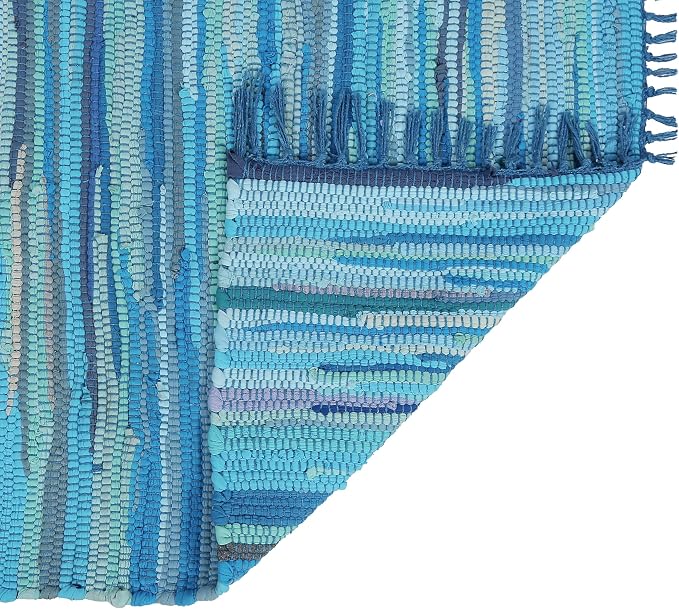 Cotton Rag Rug 24x36'' | 2x3' Multicolor Area Rug - Hand Woven, Washable & Reversible with Tassels - Perfect for Living Room, Kitchen, Entryway, or Bedroom (Aqua)