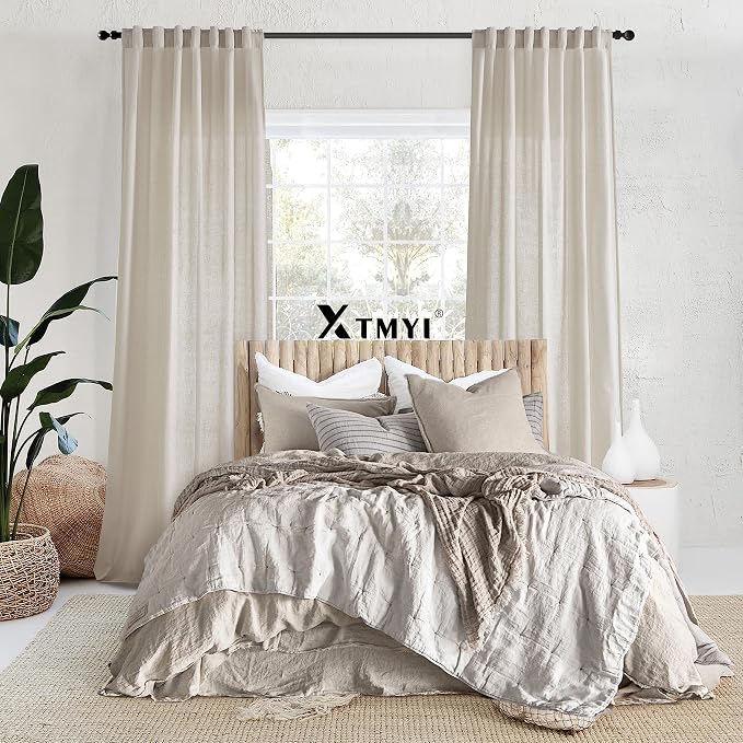 XTMYI 90 Inches Long Oatmeal Country Curtains for Living Room,Sheer Linen Shabby Chic Curtains for Bedroom 70 Inches Wide