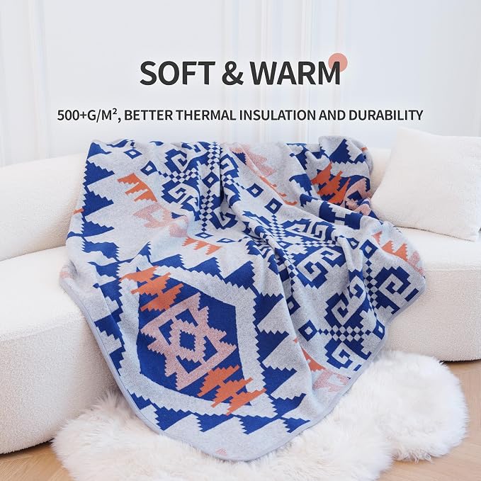 ACUSHLA Merino Wool Blanket - Soft Warm Thick Bed Couch Outdoor Camp Travel Car Blanket Throw All Weather, Aztec Style Indian Grey 63" x 51"